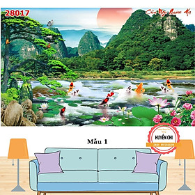 Tranh 3d dán tường trang trí phòng khách- tranh cửa ngư cá hoa sen- ép kim sa- Huyền Chi- Đặt theo kích thước yêu cầu