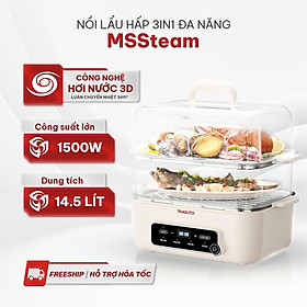 Nồi Lẩu Hấp Đa Năng 3in1 Masuto MSSteam - Vừa Lẩu, Vừa Hấp, Vừa Hầm, Công Suất 1500W, Dung Tích 14,5L, Hấp Gà Nguyên Con - Hàng chính hãng