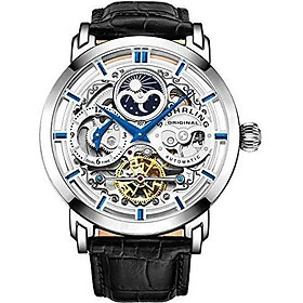 Stuhrling Original Mens Automatic-Self-Wind Luxury Dress Skeleton Dual Time Gold-Tone Wrist-Watch 22 Jewels 47 mm Stainless Steel Case