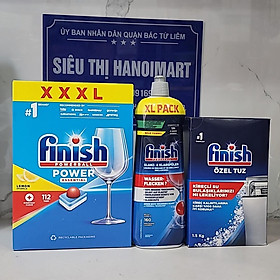 Combo rửa chén Finish: All in 1 hộp 90 viên, Nước làm bóng 750ml, Muối Hộp 1,5 kg - Nhập khẩu Châu Âu.