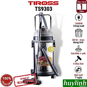 Máy hút bụi công nghiệp khô và ướt Tiross TS9303 - dung tích 38 lít - 1600W - Sản xuất tại Malaysia - Hàng chính hãng