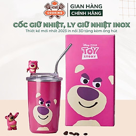 Cốc giữ nhiệt, ly giữ nhiệt Gấu Dâu Lotso tặng kèm ống hút dung tích 450ml chất liệu inox cao cấp giữ nhiệt từ 8-12 giờ