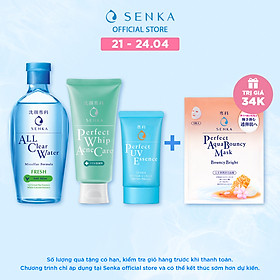 Bộ sản phẩm Senka làm sạch và chống nắng dành cho da mụn (Senka A.L.L.Clear Water Fresh 230ml + SRM Acne Care 100g + Senka Perfect UV Essence 50g)