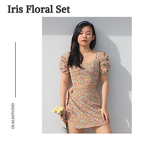 OLALASTUDIO Set đầm lụa hoa tay phồng và quần váy Iris
