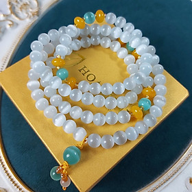Vòng tay đá Mắt Mèo trắng size hạt 8 li chuỗi 108 hạt phối mắt mèo xanh, hạt bánh xe mã não vàng - 16-17.5cm