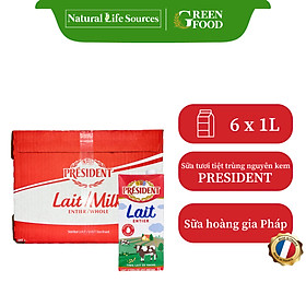 Thùng 6 hộp sữa tươi tiệt trùng nguyên kem cao cấp President không đường | Hộp 1L - Nhập khẩu trực tiếp từ Pháp