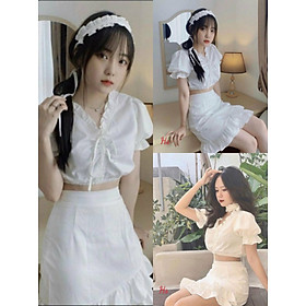 Bộ Chân Váy Áo Croptop Cổ V Dây Rút Set Váy Áo Dáng Ngắn Trắng Chất Đũi X017 