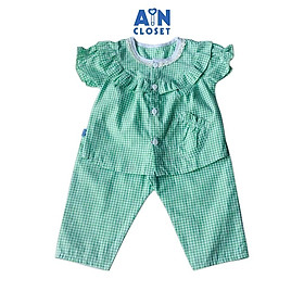 Bộ quần dài áo tay ngắn bé gái họa tiết Caro xanh lá cotton - AICDBG2TKW9Z - AIN Closet