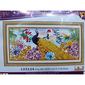Tranh thêu chữ thập cha mẹ chim công hoa mẫu đơn LV3124 - 77 x 39 cm - chưa thêu
