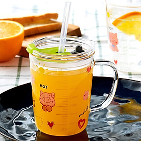 cốc (ly) thủy tinh pha sữa có vạch đo thể tích 350ml, có nắp đậy, ống hút silicon đi kèm- tặng kèm thìa khuấy sữa
