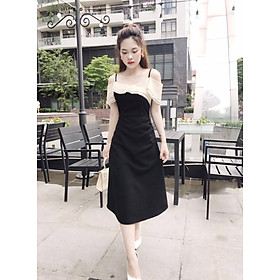 Đầm đen hở vai 2 dây nhúm eo sang chảnh thiết kế che khuyết điểm vai cực kì phù hợp đi chơi dự tiệc V1574
