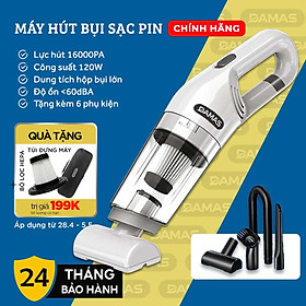 Máy Hút Bụi Cầm Tay Không Dây Sử Dụng Pin Sạc DAMAS DA113C - Hút bụi khô và nước tiện dụng - Sử dụng cho gia đình và xe hơi - Công suất mạnh mẽ lên tới 120W - Hàng Chính Hãng - Màu trắng