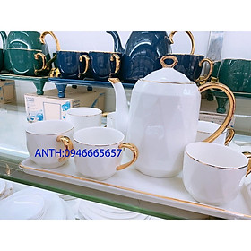 Mua BỘ ẤM CHÉN KÈM KHAY SỨ  PHA TRÀ CÀ PHÊ TRẮNG VIỀN VÀNG VÂN KARO
