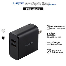 Củ sạc 2 cổng usb-a 24w elecom mpa-acu05 - hàng chính hãng