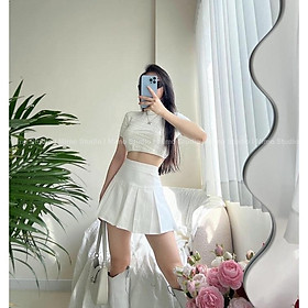 Len croptop trắng hở lưng dây rút - Váy xếp ly trắng có quần trong