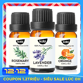 Combo Tinh Dầu Oải Hương Kobi (10ml) + Tinh Dầu Hương Thảo Kobi (10ml) + Tinh Dầu Cam Ngọt Kobi (10ml) - Tinh Dầu Thiên Nhiên Nguyên Chất, Giúp Giảm Stress, Làm Thơm Phòng