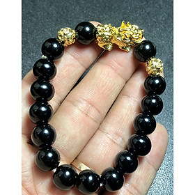 vòng tay phong thủy đá mã não đen mix tỳ hưu mạ vàng 10k 