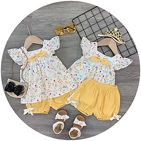 Bộ quần áo bé gái chất thô đũi mềm mại kiểu hoa nhí tay con nơ vàng cho bé gái từ 8kg đến 20kg