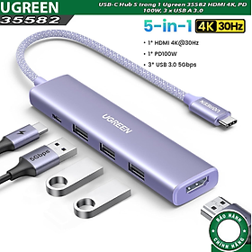 Mua Cáp chuyển USB-C sang HDMI + PD 100W + 3 x USB 3.0 Ugreen 35582 - Hàng chính hãng