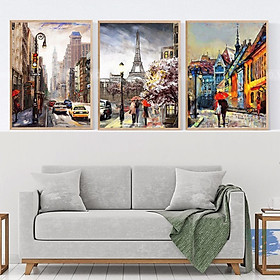 Mua Tranh Canvas Treo Tường Hiện Đại _ Tranh Bộ 3 Thành Phố Đẹp Phong Cách Sơn Dầu