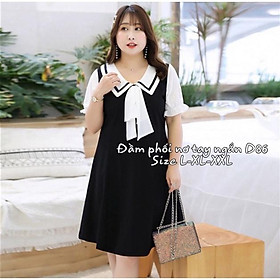 Bigsize 60-90KG vmart Đầm phối nơ tay ngắn D86 hàng Quảng Châu cao cấp chiết eo giấu bụng