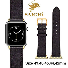 Dây Apple Watch 49mm 46mm 45mm 44mm 42mm, Chất Liệu Da Bò Cao Cấp, Dây Đeo Phong Cách Cổ Điển, Tương Thích Các Phiên Bản Series Ultra2/Ultra/SE2/SE/10/9/8/7/6/5/4/3/2/1 - Đen - Adapter Vàng/Khóa Vàng