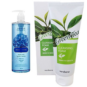 Combo Sữa Tắm Trắng Da Hương Thơm Xạ Hương_Javin De Seoul White Musk Perfume Body Wash 500ml + Sữa Rửa Mặt Trà Xanh_Verobene Tea Cleansing Foam 150ml