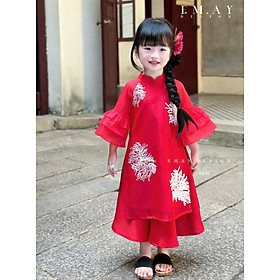 Áo dài tết cho bé gái mẫu Hoa thêu xinh xắn màu đỏ hồng từ 12-40kg hàng thiết kế cao cấp