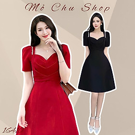 Đầm xòe tay phồng viền đá chéo eo