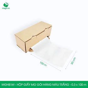 MGHB1M - 0.3x100 m - Hộp cuộn giấy MG, cuộn giấy Pelure trắng gói hàng, cuộn giấy chống ẩm 1 mặt bóng, giấy bọc hàng thời trang