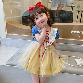 Đầm Công Chúa Bạch Tuyết Tặng kèm Nơ Váy Cổ Vuông Tay Ngắn Phong Cách Hàn Quốc Thời Trang Cho Bé Gái