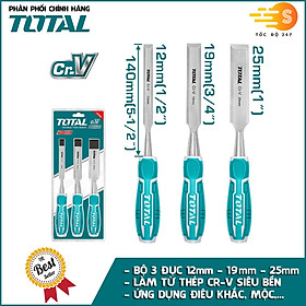 Hình ảnh Bộ 3 cây đục gỗ làm từ thép CR-V 12-25mm dài 140mm TOTAL THT41K0302 - Cần thiết cho thợ mộc, điêu khắc, khả năng đục chính xác, bền bỉ