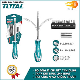 Bộ tua vít thay đổi trục linh hoạt 12 chi tiết đa năng TOTAL THT250FL1206 - Tay cầm nhựa nhám cứng cáp, Mũi làm từ thép chuyên dụng CR-V, tiện lợi khi sử dụng và bảo quản