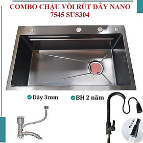 Chậu rửa bát 1 hố Valenza inox 304 nano đen 7546 dày 3 li kèm vòi rửa bát nóng lạnh rút dây nano, bộ xả, khay inox, dụng cụ rửa ly cốc, bình nước rửa chén