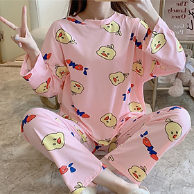 Bộ đồ thun mặc nhà tay dài quần dài in hình V3 - Đồ bộ mặc nhà C074