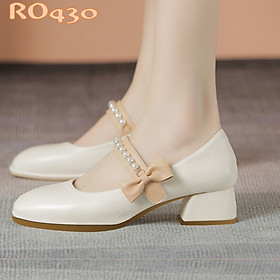 Giày cao gót nữ đẹp đế vuông 4 phân hàng hiệu rosata hai màu đen kem ro430 - Kem - 40