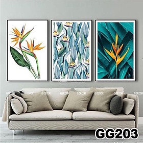 Tranh treo tường canvas 3 bức phong cách hiện đại Bắc Âu 203, tranh hoa lá trang trí phòng khách, phòng ngủ, spa, decor