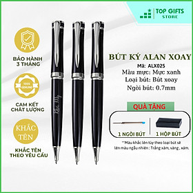 Bút Ký Khắc Tên ALAN xoay mở ngòi 0.7mm Đen viền bạc ALX025| Miễn phí khắc tên + Ruột bút