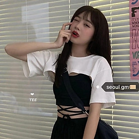 Set áo hai dây màu trơn phối áo thun ngắn thời trang Hàn Quốc cổ điển - Áo phông trắng + Bộ đồ hai mản