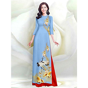 Áo dài lụa in 3D họa tiết sen và chim hạc AD012 - Lady Fashion