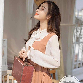 Bigsize 60-90KG vmart Đầm tiểu thư phối nơ D434 hàng Quảng Châu cao cấp chiết eo giấu bụng