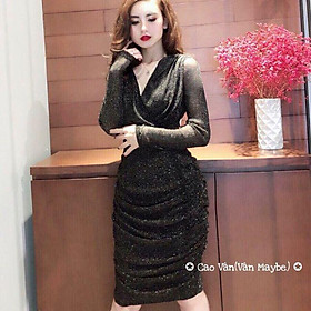 Đầm body nhũ kim tuyến CAO CẤP  tay dài cổ V đắp chéo DỰ TIỆC