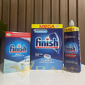 Combo Viên rửa bát Finish Classic 120 viên + Muối Finish 1.5kg + Nước làm