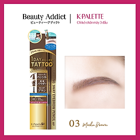 Bút Vẽ Lông Mày 3 Đầu Nhật Bản, Đầu Chì, Đầu Bột, Cọ Chải, K-Palette Eyebrow Pencil, Chống Lem, Lâu Trôi, Bền Màu 24h (03 Màu Nâu Mocha)