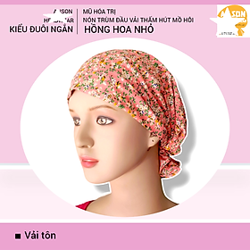 Nón hóa trị vải mềm mát, hút mồ hôi, bệnh nhân ung thư, chemo hat, nón trùm đầu [KIỂU ĐUÔI NGẮN-HỒNG HOA NHỎ] 