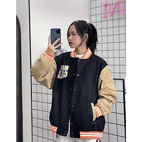 Áo Khoác Bomber Varsity Nữ  - Jacket Nỉ Dáng Rộng Unisex Tay Bồng Màu Nâu Tây Phong Cách Hàn Quốc