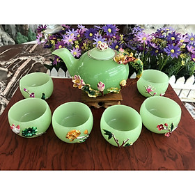 Mua Bộ ấm trà chạm hoa sen đá ngọc cẩm thạch xanh