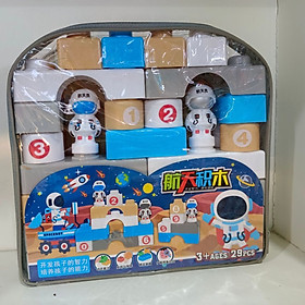 Đồ chơi xếp hình thành xe với chú cảnh sát, phi hành gia. Bộ đồ chơi với 29 chi tiết được đựng trong một ba lô nhựa