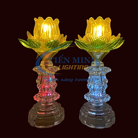 Đèn Thờ Hoa Sen Thủy Tinh TM03, Vàng Đế Trong, Chip Led siêu sáng, chế độ đổi màu liên tục, đèn cao 30cm