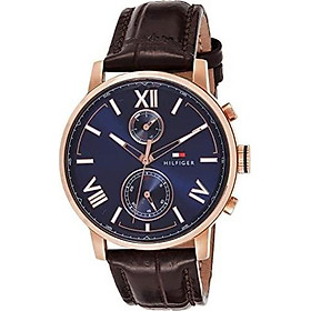 Tommy Hilfiger Men's Casual Stainless Steel Quartz Watch with Leather Calfskin Strap, Brown, 22 (Model: 1791308)